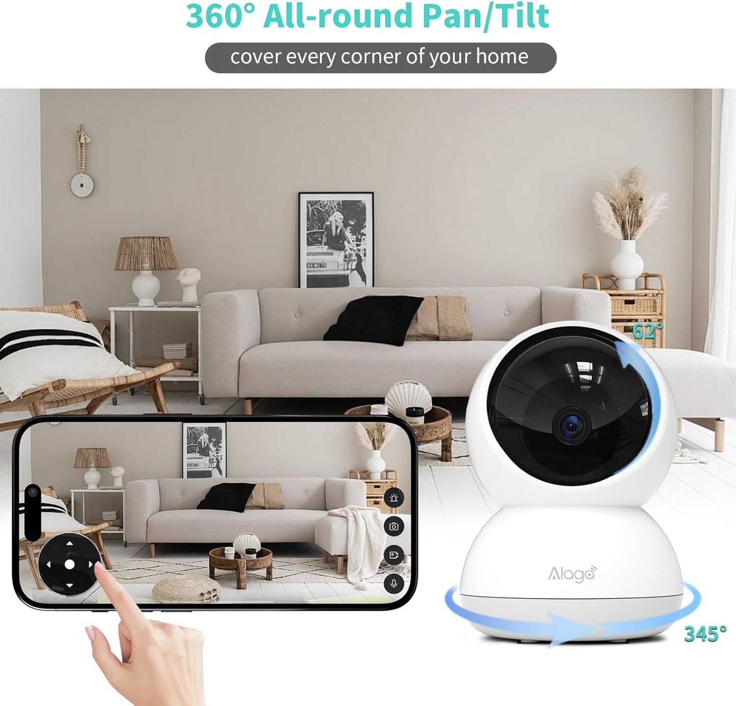 Alaga 3K Indoor Security Camera,5G and 2.4G WiFi,360° Pan and Tilt,AI Human Pet MotionDetection,Night Vision,Two-Way Audio,Compatible with Alexa & Google Assistant,Free 64G SD Card