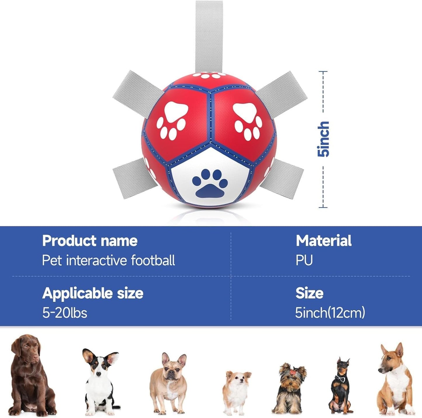 Diman Small Dog Toys Soccer Ball with Straps,Interactive Dog Balls for Tug of War, Yard Games, Dog Waterpool Toy, Herding Ball for Small Dogs, Pet Birthday Gifts Boredom Buster (5inch)