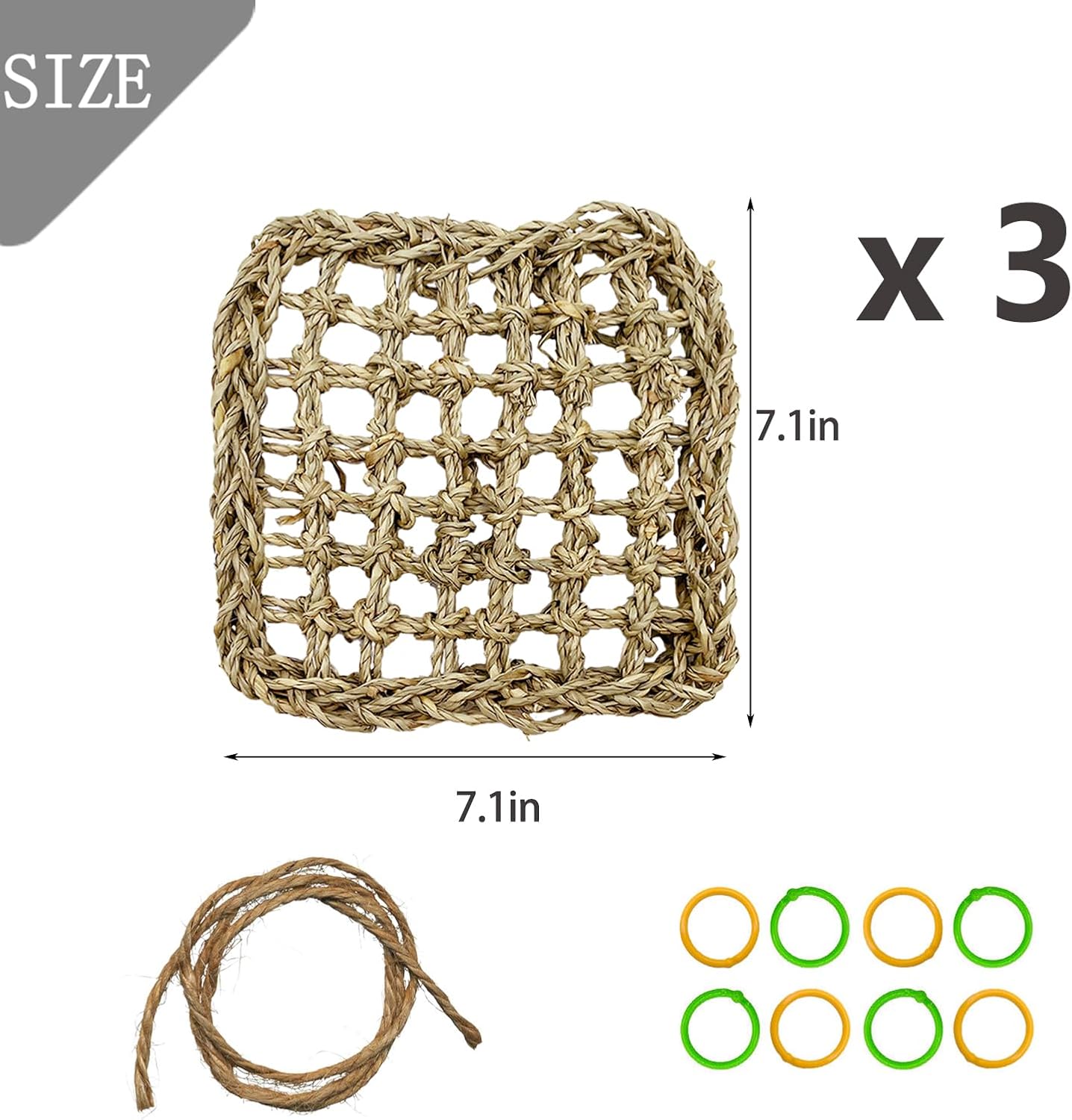 Tfwadmx Bird Seagrass Hammock Tent, 3Pcs 7x7in Seagrass Mat for Birds, Hanging Parrot Toys, Counre House Hut Hideout for Parakeets, Lovebirds, Budgies, Cockatiels