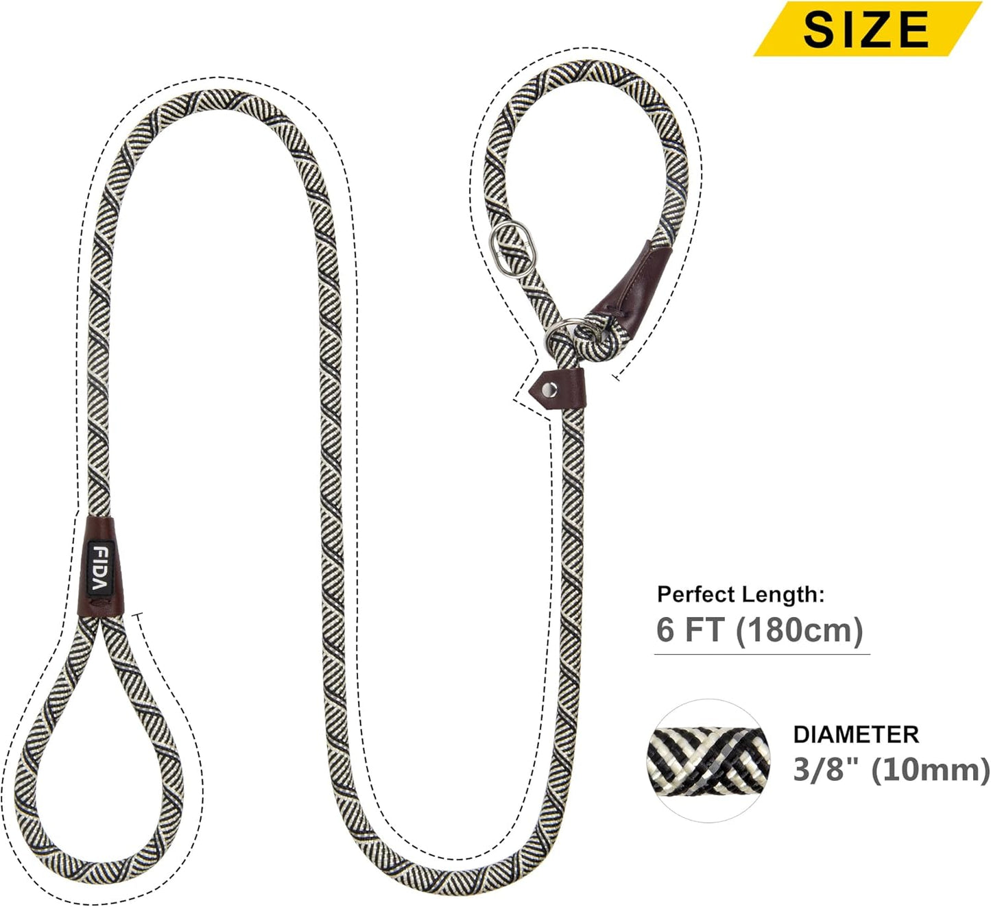 Fida Durable Slip Lead Dog Leash, 6 FT x 3/8" Heavy Duty Comfortable Strong Rope Slip Lead for Small Dogs and Puppies, No Pull Pet Training Leash with Highly Reflective(3/8", Grey)