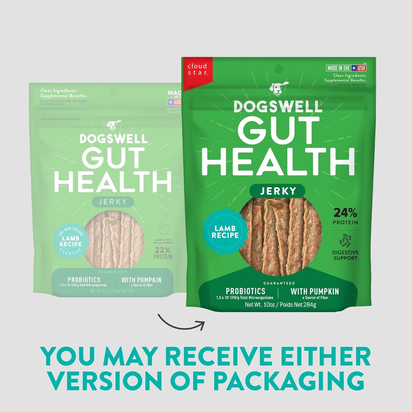 DOGSWELL Gut Health Meaty Jerky Dog Treats, Lamb, 10 oz. Pouch