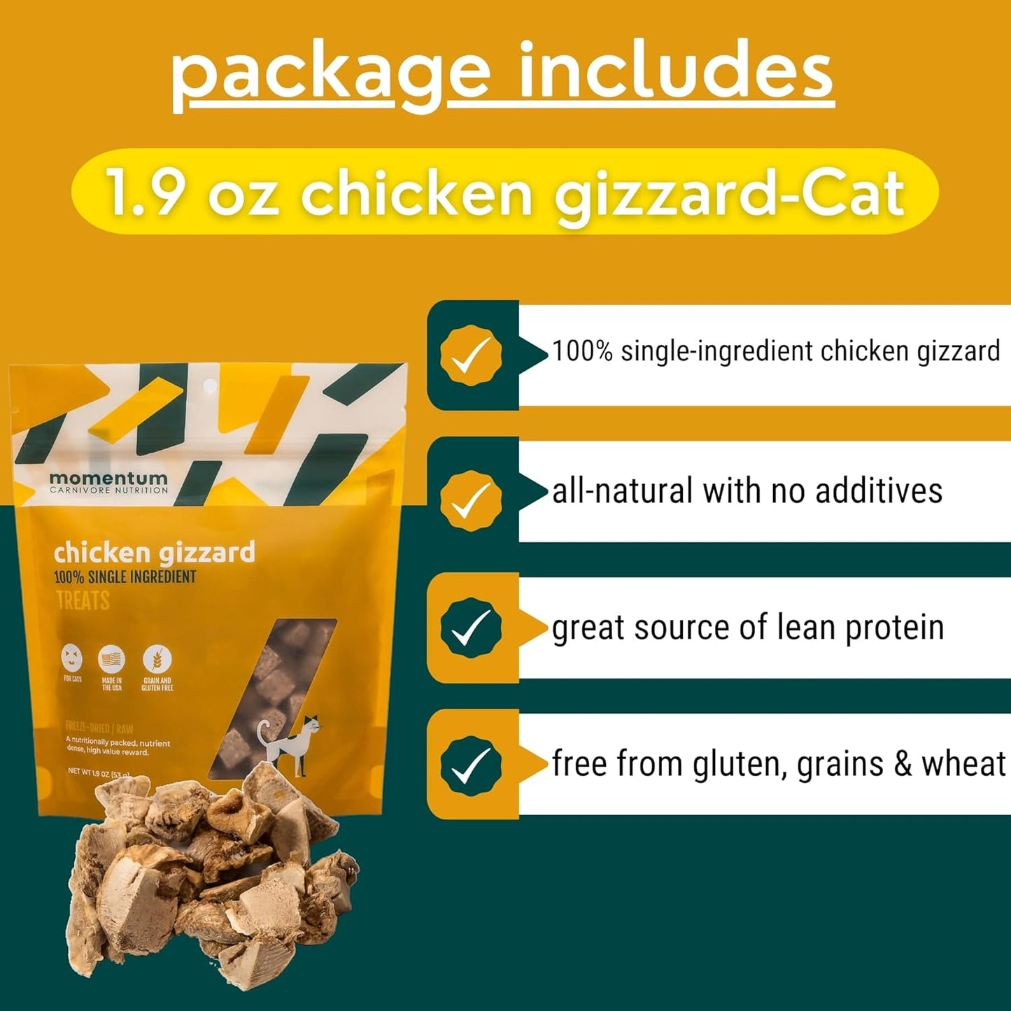 Momentum Carnivore Nutrition Freeze-Dried Chicken Gizzard Cat Treats – Single-Ingredient, All-Natural, Grain-Free Treats – 1.9 oz Bag