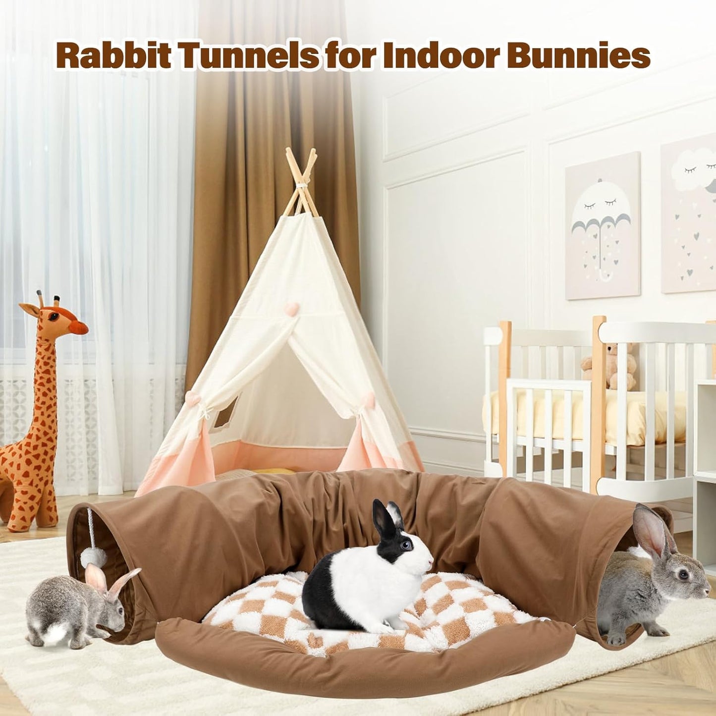 BWOGUE Bunny Tunnel Bed, 2-in-1 Collapsible Tunnel Tubes Toys with Removable Mat Hideout for Cats Kittens Rabbits Guinea Pigs Kitty (Coffee)