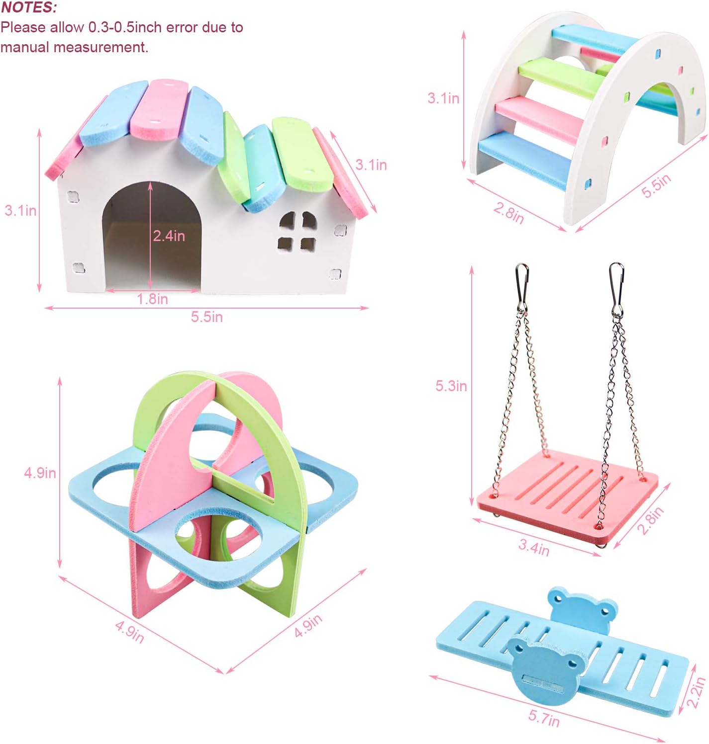 Dwarf Hamsters House DIY Wooden Gerbil Hideout Rainbow Bridge Swing and PVC Seesaw, Pet Sport Exercise Toys Set, Sugar Glider Syrian Hamster Cage Accessories, Suitable for Small Animal Habitat