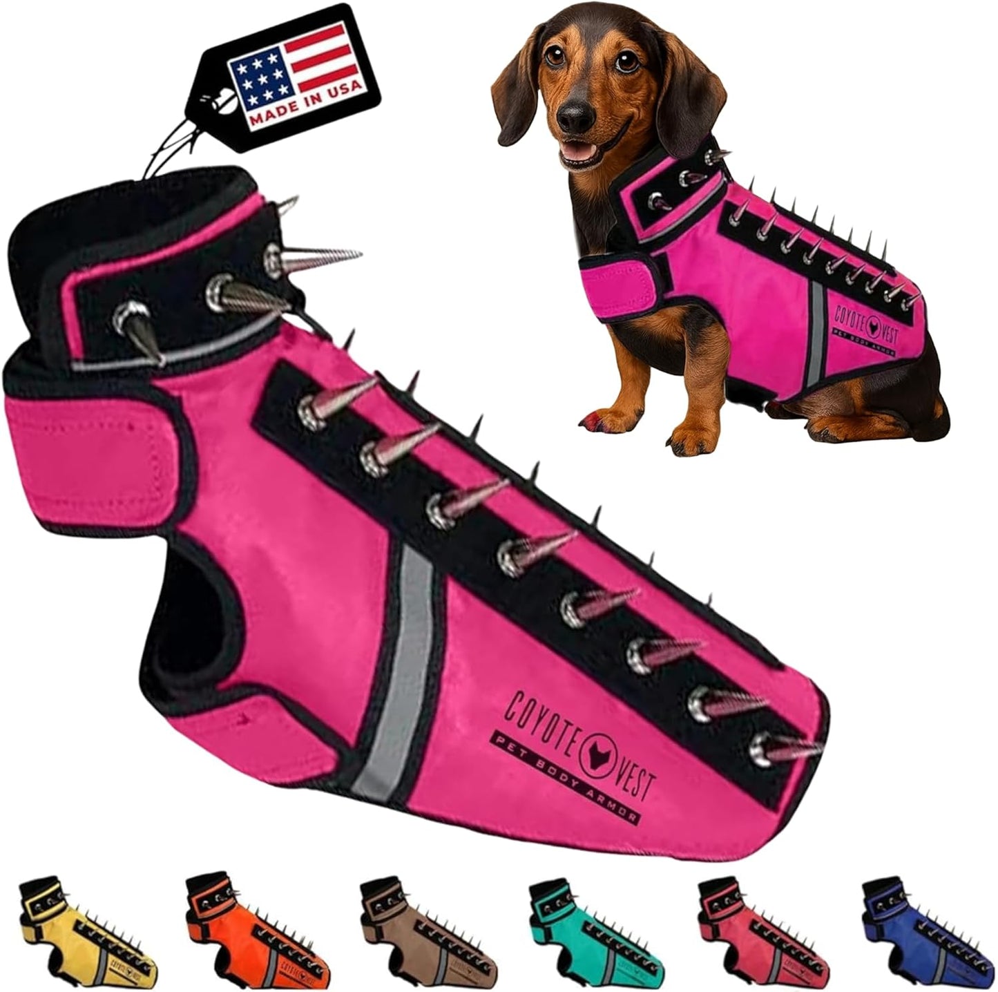 CoyoteVest SpikeVest Dog Harness Vest for Small Dogs, Reflective Dog Vest with Spikes to Shield Your pet from Coyotes, Raptor and Animal Attacks, Anti Hawk Vest, Made in USA (XS-Pink)