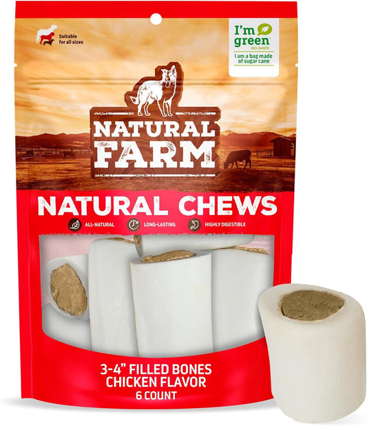 Natural Farm Chicken Filled Bones (3-4 Inch, 6 Pack), Limited Ingredient, Natural Stuffed Dental Dog Bone Treats for Dogs, Made with Real Chicken