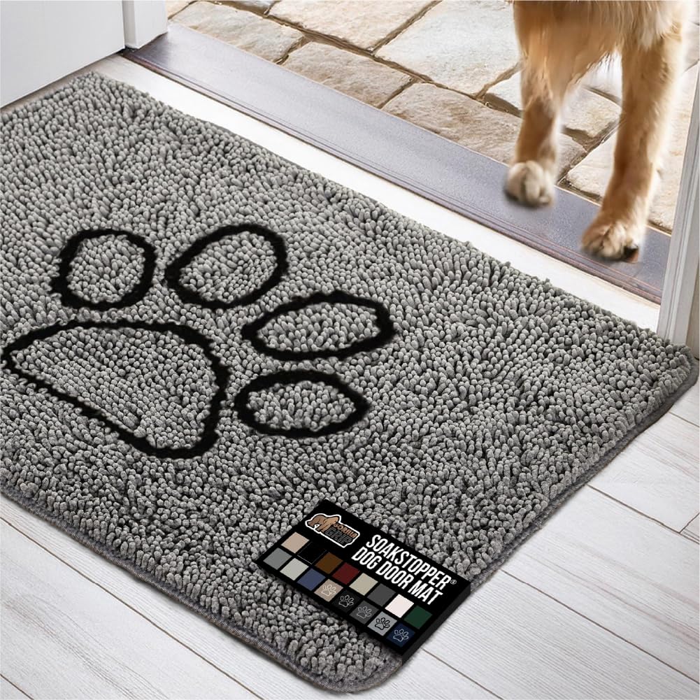 GORILLA GRIP Dog Doormat, Absorbent Doormats for Muddy Dogs Paws, 48x30 Machine Washable Soakstopper Rugs, Cleaner Floors, US Designed Pet Bed Door Mat, Indoor Entrance Pets Rug, Paw Gray