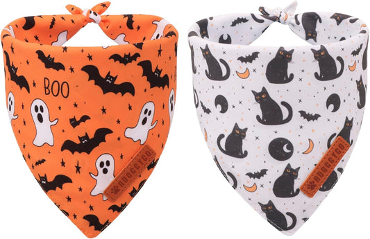 ADOGGYGO Halloween Cat Bandanas 2 Pack, Bat Ghost Cat Scarf, White Orange Pet Halloween Bandanas for Cats Kittens