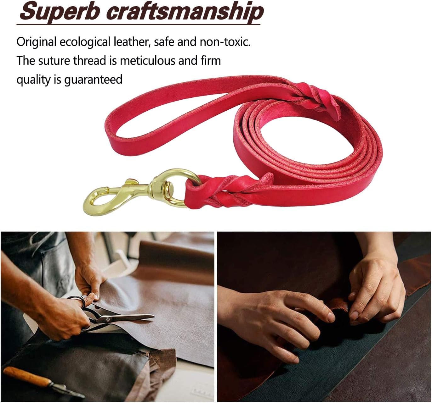 LWBMG Leather Dog Leash 4ft, Heavy Duty Dog Lead, Strong Genuine Leather Braided Pet Leash, Soft and Comfortable Pet Leashes for Large, Medium Dogs Training Red