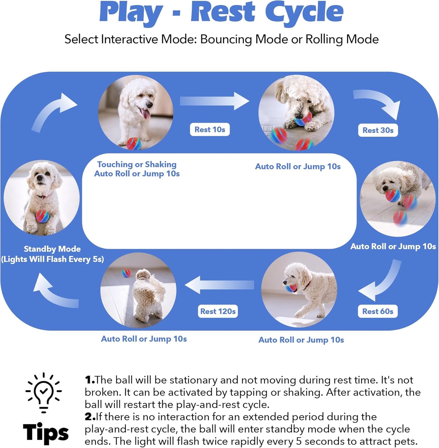 Pet Prime Interactive Dog Toy Ball, Durable 2 Modes Motion Active Rolling Ball for Dogs, USB Rechargeable Automatic Self Moving Dog Ball with LED Lights for Puppy, Small, Medium, Large Breed Dogs/Cats