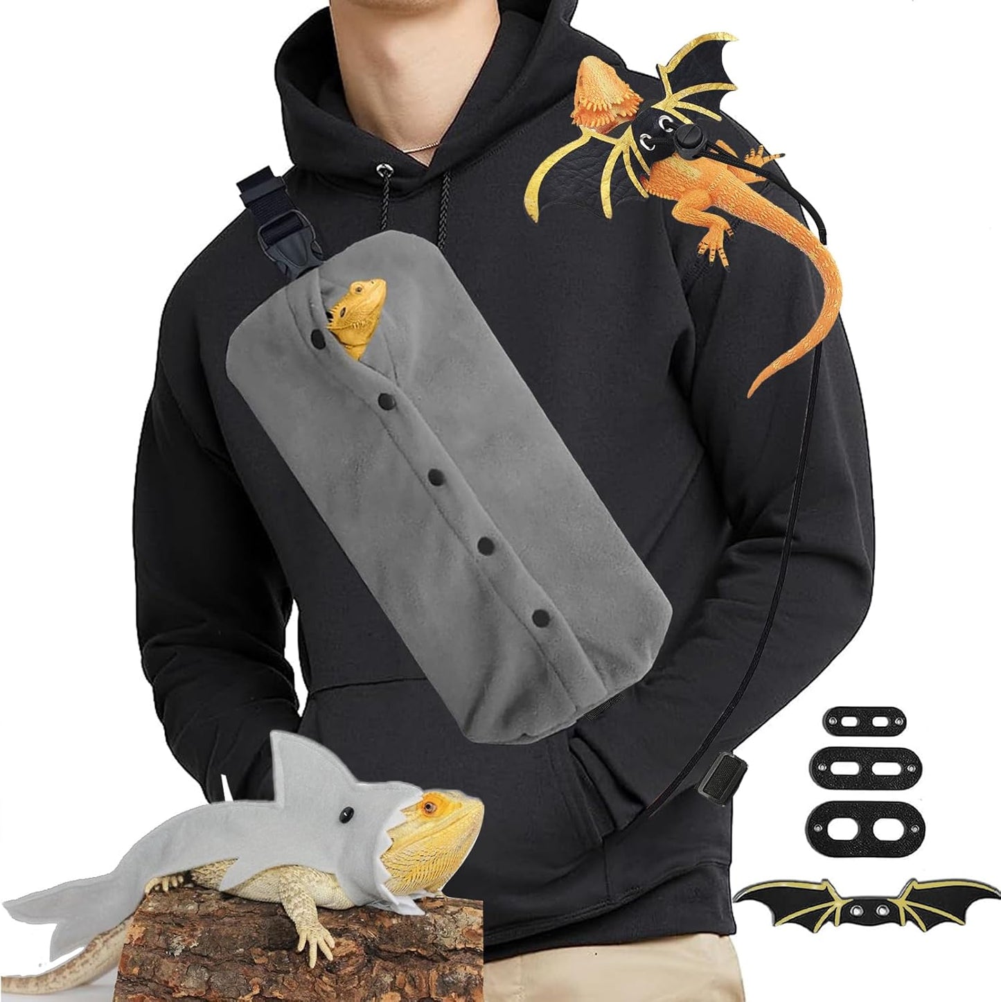 Bearded Dragon Carrier Set, Reptile Carrier Kit Includes Bearded Leash, Shark Costume, Bearded Dragon Harness Vest with Costume for Small Pets Travel