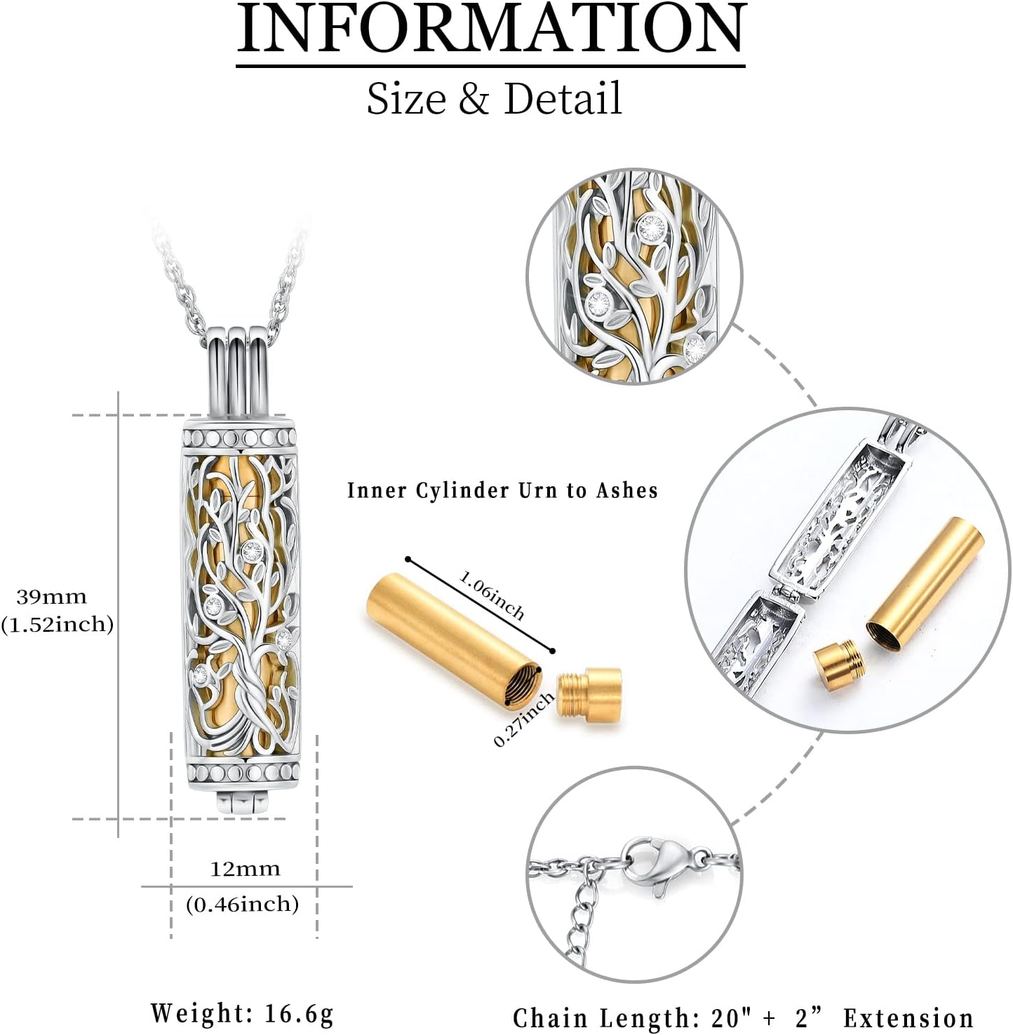 shajwo Cylinder Cremation Jewelry Tree of Life Urn Ashes Necklace for Women Men Vial Cremation Ash Pendant Loved One Memorial Jewelry