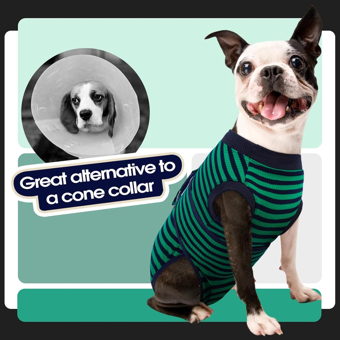 FUAMEY Recovery Suit for Dogs After Surgery,Soft Breathable Dog Bodysuit E-Collar & Cone Alternative Surgical Suit,Male Female Dog Neuter Spay Suits Anti Licking Wounds Onesie Green Black Stripes XS