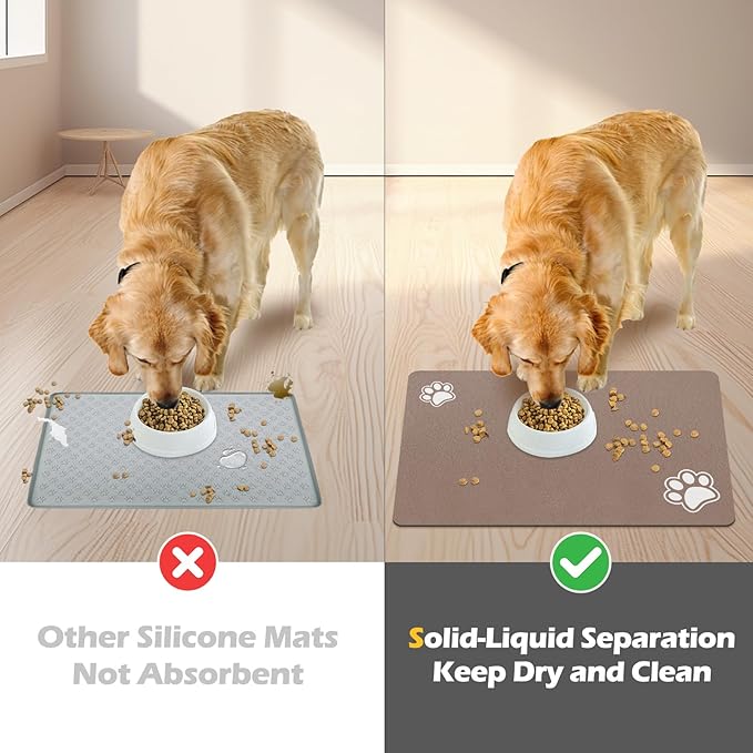 Pet Feeding Mat - Absorbent for Food and Water Bowl - Dog Accessories - Water Bowl for Messy Drinkers - No Stains Quick Dry Dispenser Mat (16"x24", Brown)