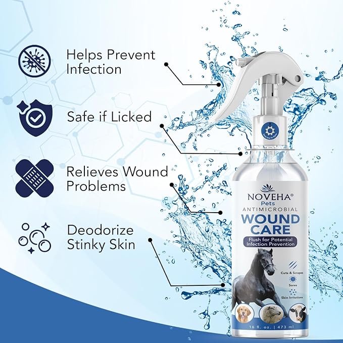 NOVEHA Pet Wound Spray - Sores, Abrasions and Wounds Care for Horse - Fast-Acting Skin Repair, Helps with Rashes, Hot Spots, Scratching, 6fl oz