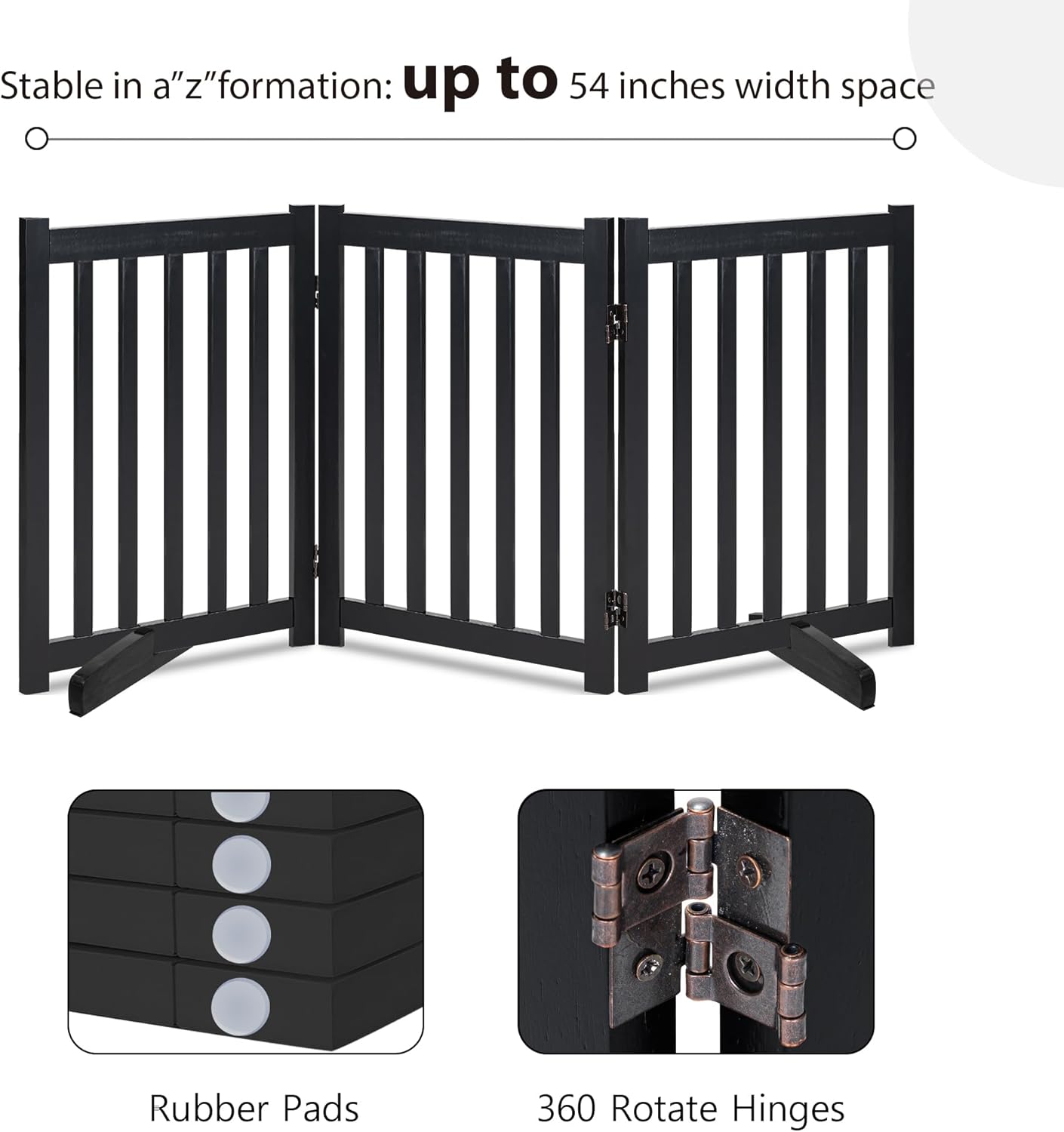 LZRS Solid Hardwood Freestanding Pet Gate,Wooden Dog Gates Indoor for Doorways,Nature Wood Dog Gates for The House,Stairs,Safety Fence,Black,30" Height-3 Panels