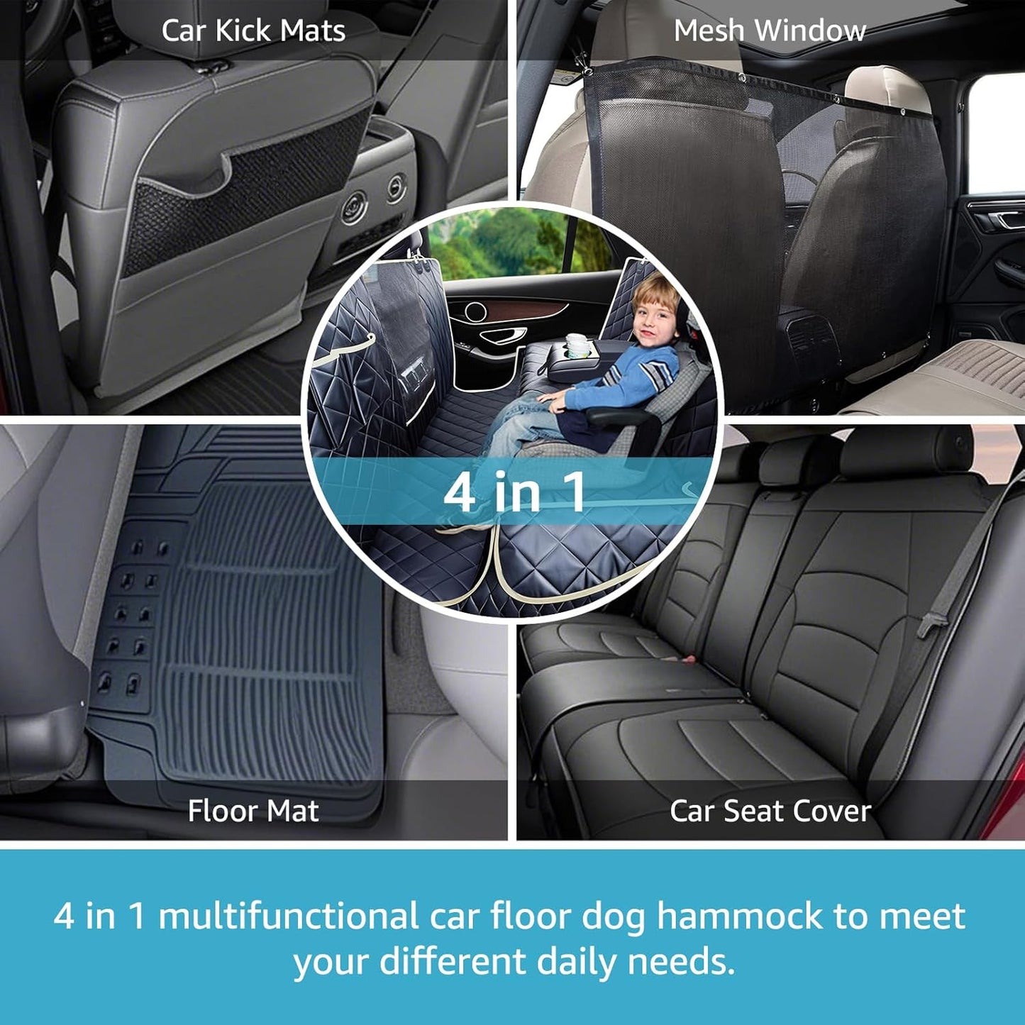 Lassie 4 in 1 Full Coverage Dog Car Floor Hammock,100% Waterproof Dog Car Seat Covers for Back Seat with Mesh Window for Sedans,Backseat Bench Protector for Cars, SUVs and Trucks etc