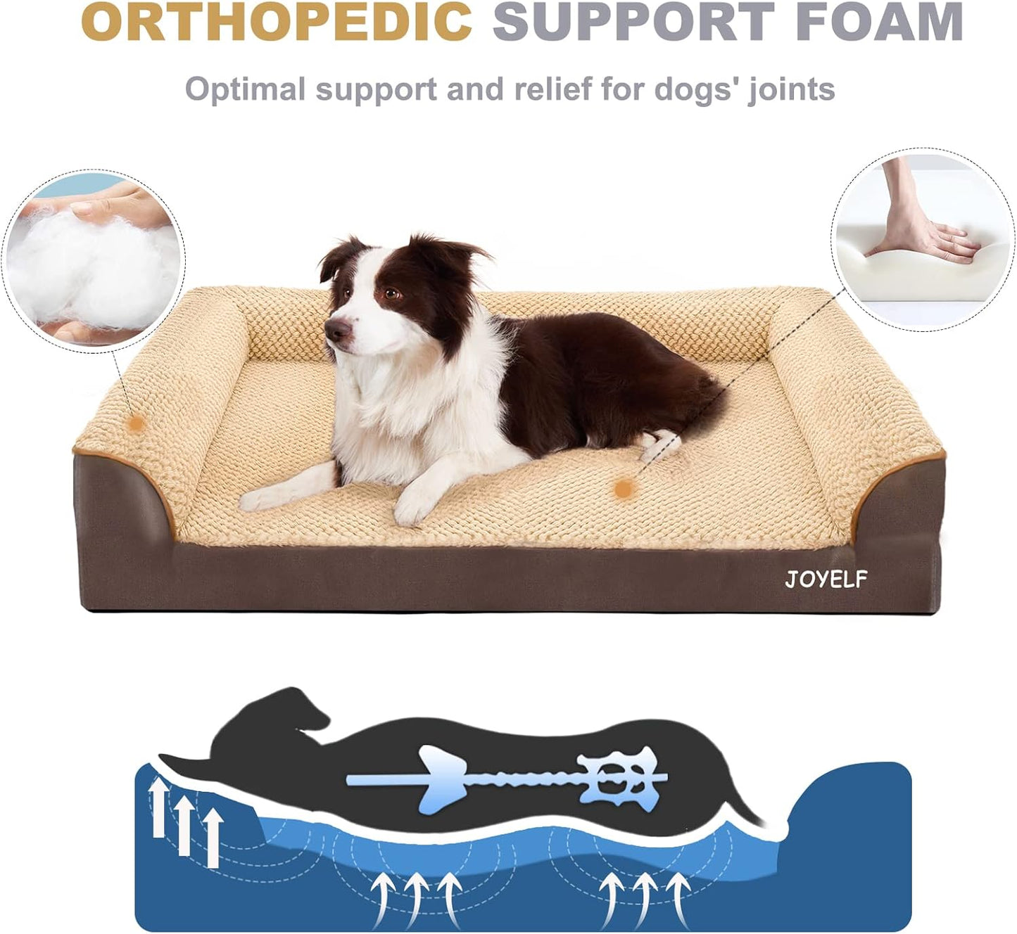 JOYELF Orthopedic Dog Bed for Extra Large Dogs, U-Shaped Foam Sofa Couch Bed, Bolster Waterproof Pet Bed with Removable Washable Cover and Nonskid Bottom for Dogs - Coffee
