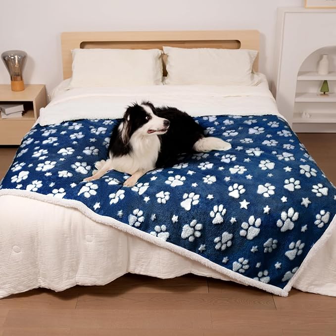 Waterproof Blanket for Dog Puppy Cat, Cute 3D Textured Paw Dog Blanket for Bed Couch Sofa, Soft Liquid Pee Proof Pet Furniture Protector, 30"x40", Navy Blue