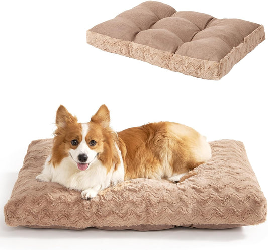 EHEYCIGA Reversible Dog Crate Bed Washable, Comfort Fluffy Plush Dog Kennel Pad for Large Dogs and Cats, Deluxe Machine Washable Pet Sleeping Mats, 35" x 23"x 3.5", Camel