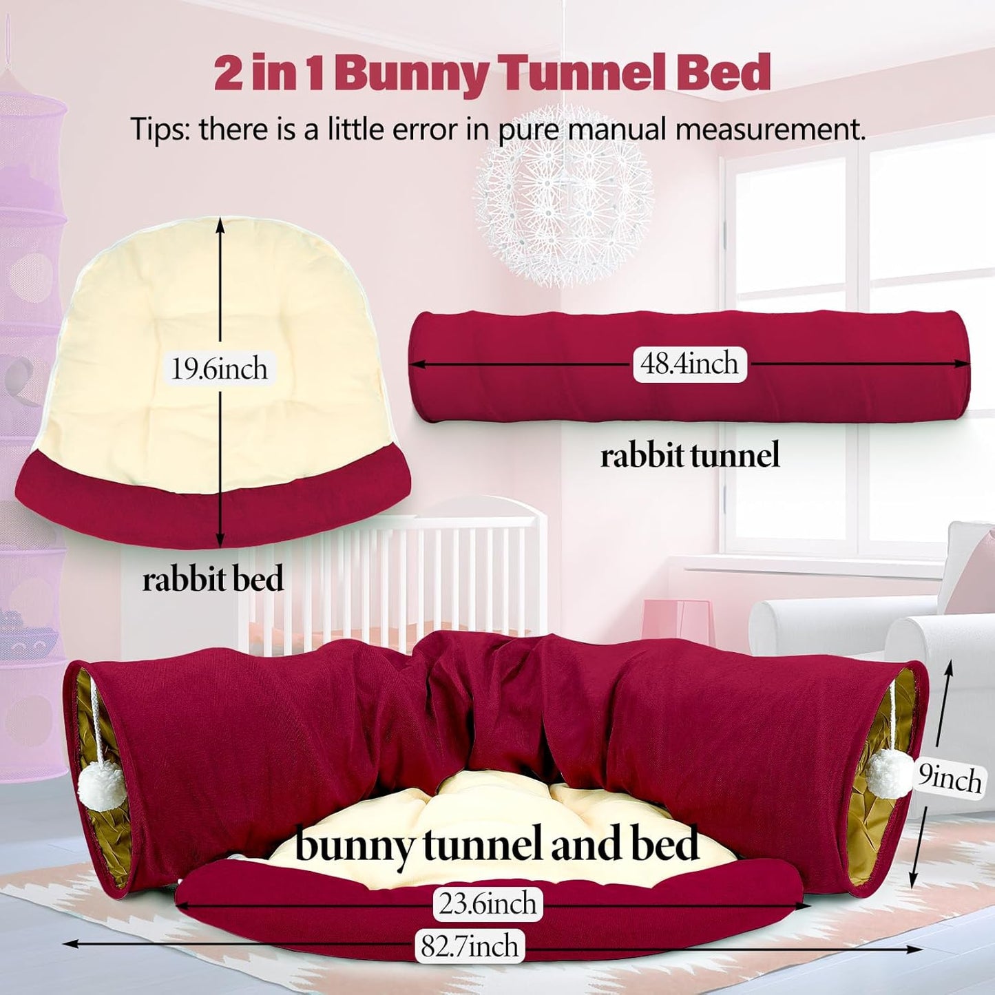 BWOGUE Bunny Tunnel Bed, 2-in-1 Collapsible Tunnel Tubes Toys with Removable Mat Hideout for Cats Kittens Rabbits Guinea Pigs Kitty