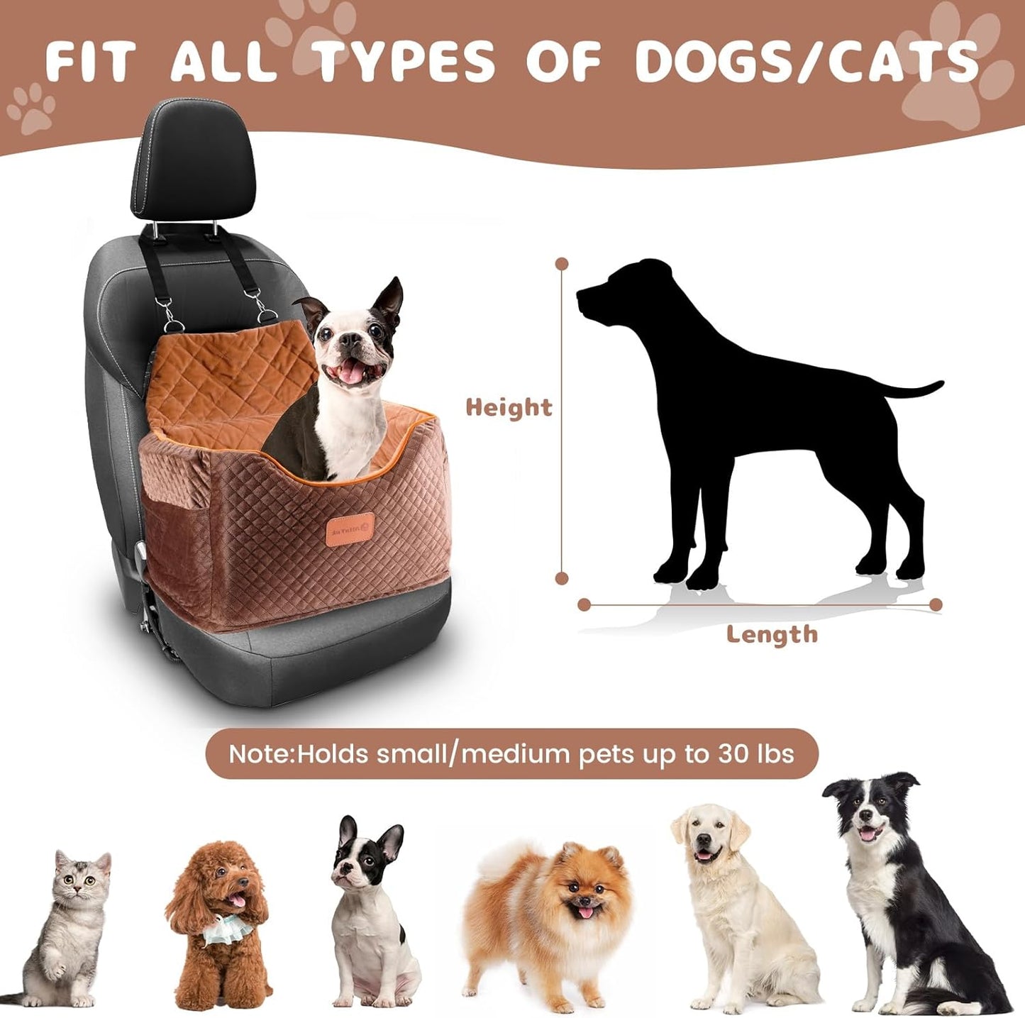 Memory Foam Booster Dog Car Seat with Washable Removable Cover, Elevated Pet Car Seat, Anti-Slip Sturdy Booster Seats for Small Dogs 35lbs, Seat Belt, Storage Pocket, Dog Blankets