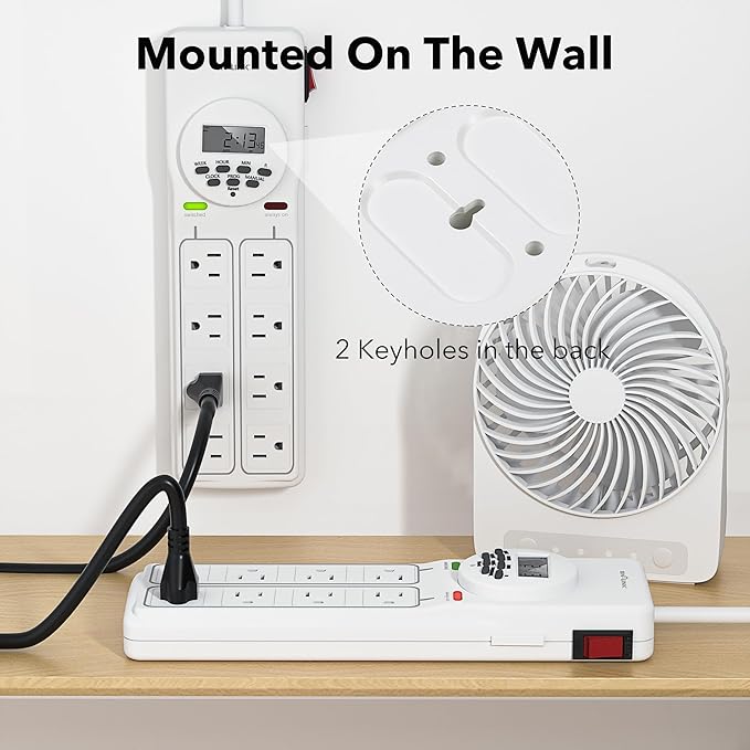 BN-LINK 8 Outlet Surge Protector with 7-Day Digital Timer (4 Outlets Timed, 4 Outlets Always On) - White