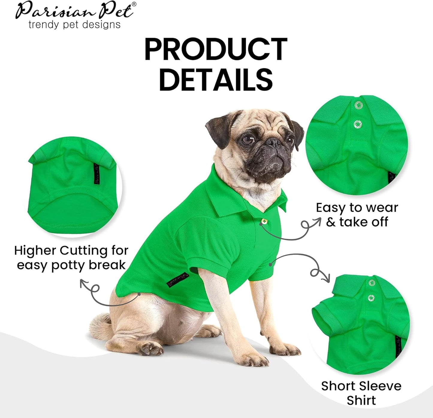 Parisian Pet Dog Polo Shirts - Breathable Cotton Shirt - Solid Green, Summer Pullover - Button Collar, XXS