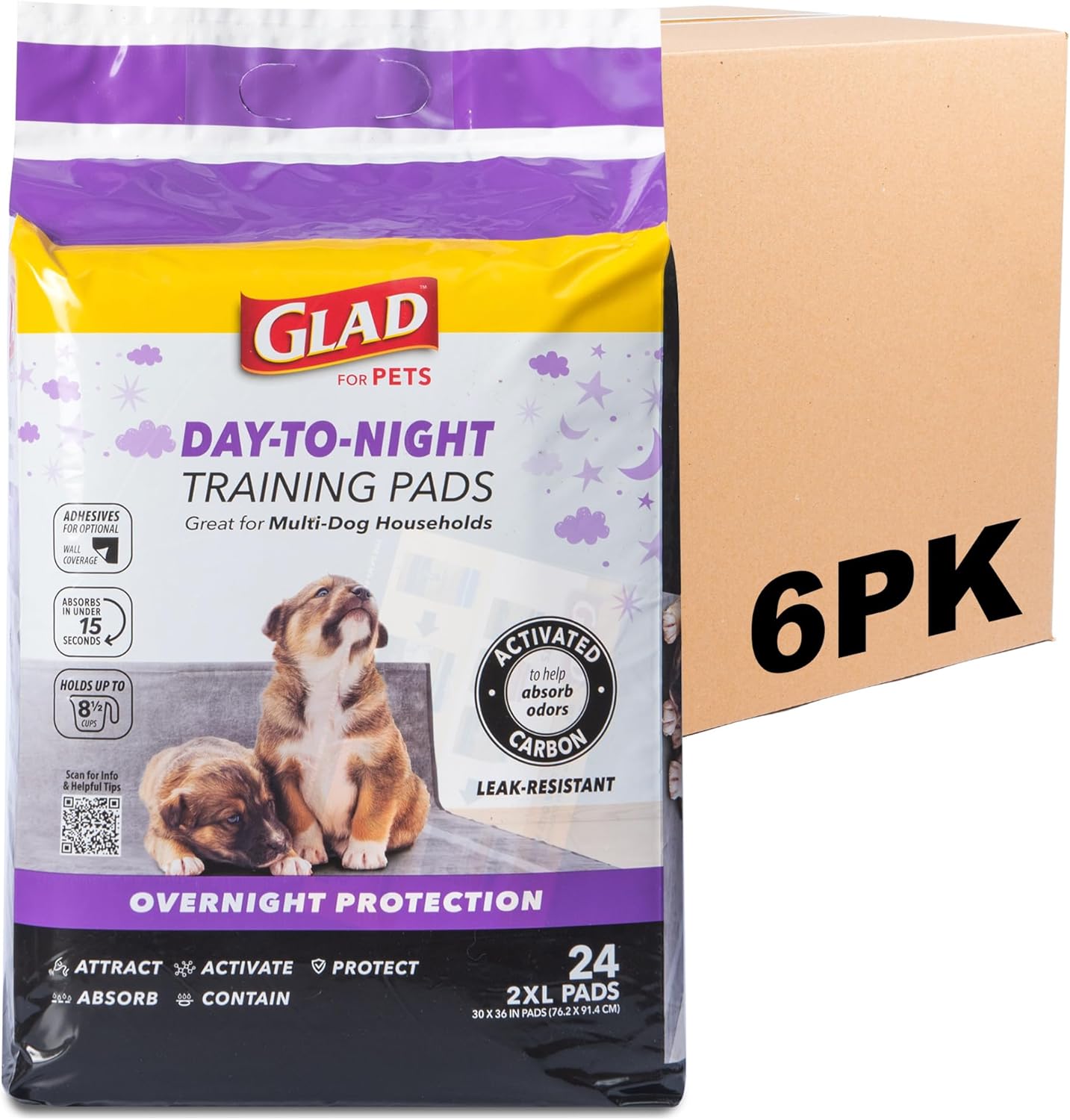 Glad for Pets Day to Night Activated Carbon Puppy Training Pads for Dogs with Wall Protection and Adhesive - Super Absorbent and Leak Proof Disposable Dog Training Pads, 30" x 36", 24 Count - 6 Pack