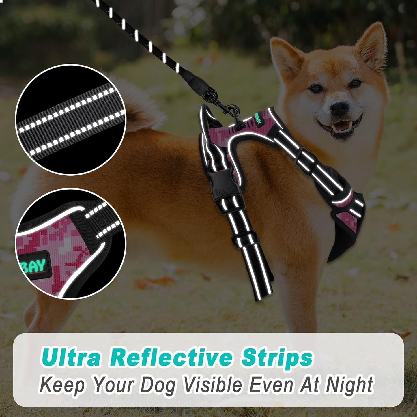 BARKBAY No Pull Dog Harness Large Step in Reflective Dog Harness with Front Clip and Easy Control Handle for Walking Training Running(Pink camo,XL)