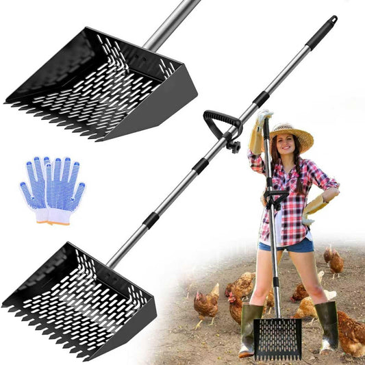 DEMARRE Chicken Poop Scooper for Sand,2-in-1 Poop Scooper for Chicken Coop with 35" to 65" Stainless Steel Handle, Heavy Duty Chicken Coop Rake, Litter Scooper Sifting Shovel for Chicken Coop & Pet