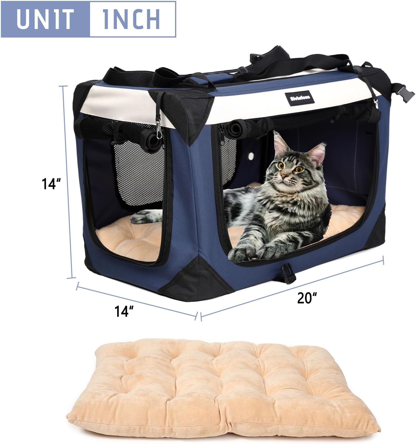 Collapsible Dog Travel Crate,Portable Soft-Sided Pet Carrier Extra Large Cat Carrier with Soft Plush Plush Mat for Indoor and Outdoor,28x20x20in,Navy Blue