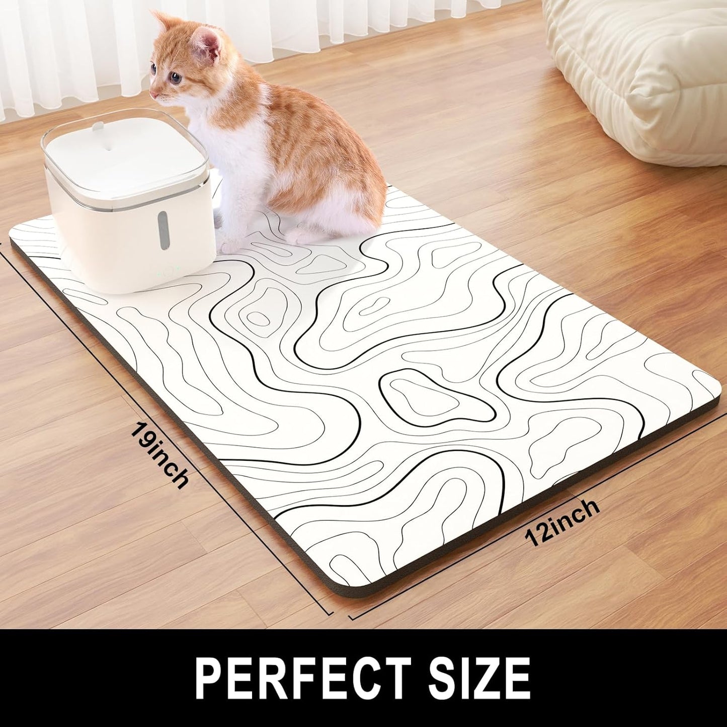 Dog Food Mat, 12" x 19" Absorbent Dog Cat Bowl Mat for Food and Water, Cute Anti-Slip Rubber Pet Feeding Rug Protect Floors, Placemat for Feeding & Watering Supplies, White Line Art
