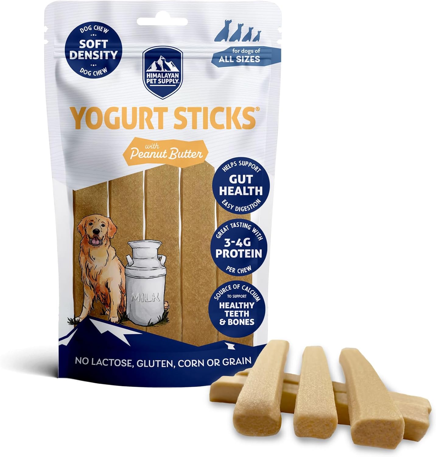 Himalayan Dog Chew Yogurt Sticks, Peanut Butter, Dog Treats With Prebiotics, Probiotics & Protein, Digestive Support, Lactose & Gluten Free, Natural Dog Treat for All Breeds, Made in America, 5 Count