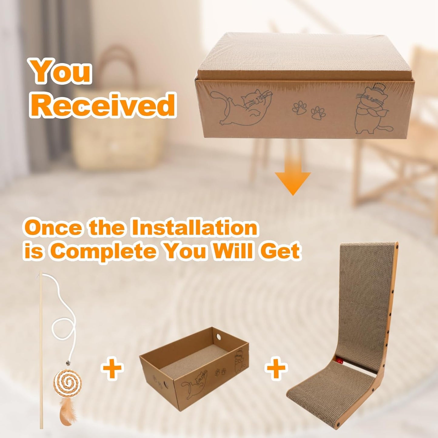 L-Shaped Cat Scratcher 2-in1 Scratching Board for Indoor Cats Protecting Furniture Cardboard Box Scratch Pad with Ball Toy Cats Scratching Posts with Cat Teaser