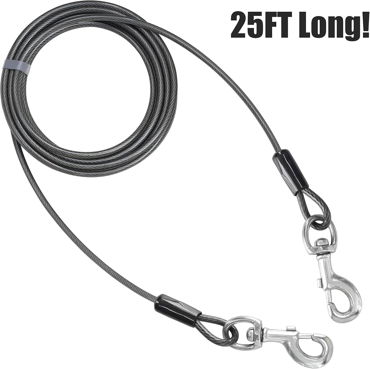 BV Dog Tie Out Cable 25 Feet - Heavy Duty Dog Lead Up to 250 Pounds - Reflective & Rust-Free with Quick Release Swivel Clips & 360° Rotating Clasp - Tangle-Free Dogs Runner for Yard (Grey, Single)