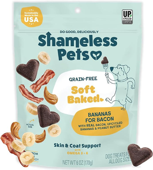 Shameless Pets Soft-Baked Dog Treats, Bananas for Bacon - Natural & Healthy Dog Chews for Skin & Coat Support with Omega 3 & 6 - Biscuits Baked & Made in USA, Free from Grain, Corn & Soy - 1-Pack