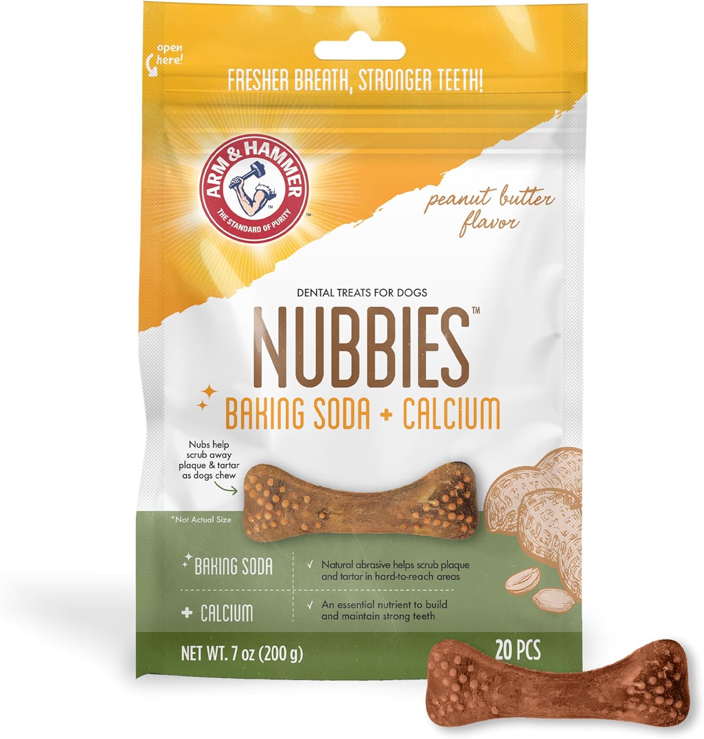 Arm & Hammer for Pets Nubbies Dental Treats for Dogs with Baking Soda and Calcium, Treat Chews Help Fight Bad Breath, Plaque & Tartar without Brushing, Peanut Butter, 20 Pcs (Packaging may vary)