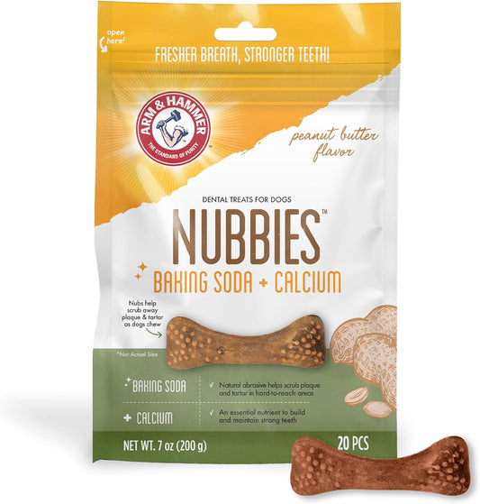 Arm & Hammer for Pets Nubbies Dental Treats for Dogs with Baking Soda and Calcium, Treat Chews Help Fight Bad Breath, Plaque & Tartar without Brushing, Peanut Butter, 20 Pcs (Packaging may vary)