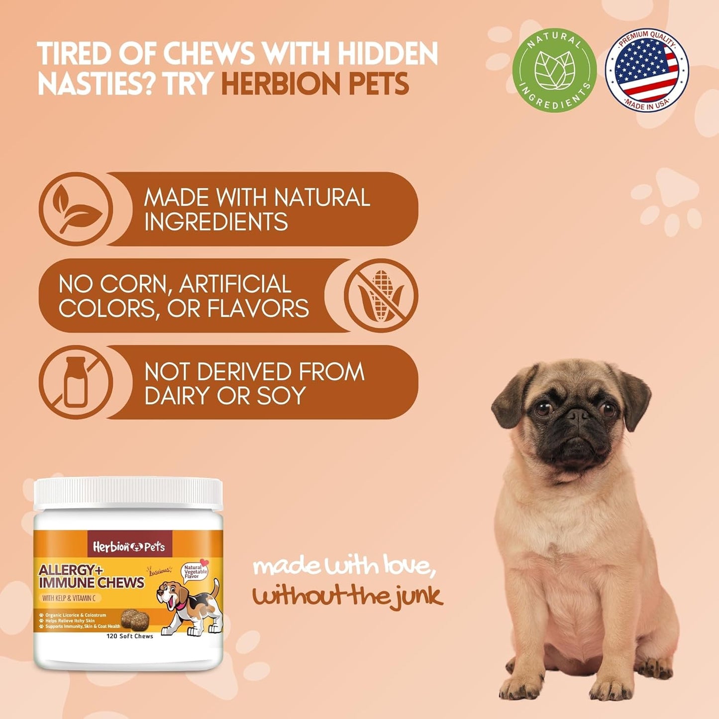 Herbion Pets Allergy + Immune Chews with Kelp & Vitamin C, 120 Soft Chews, Supports Immunity, Skin & Coat Health, Relieves Itchy Skin, Made in USA, Natural Vegetable Flavor, for Dogs 12 Weeks+, Pack 1