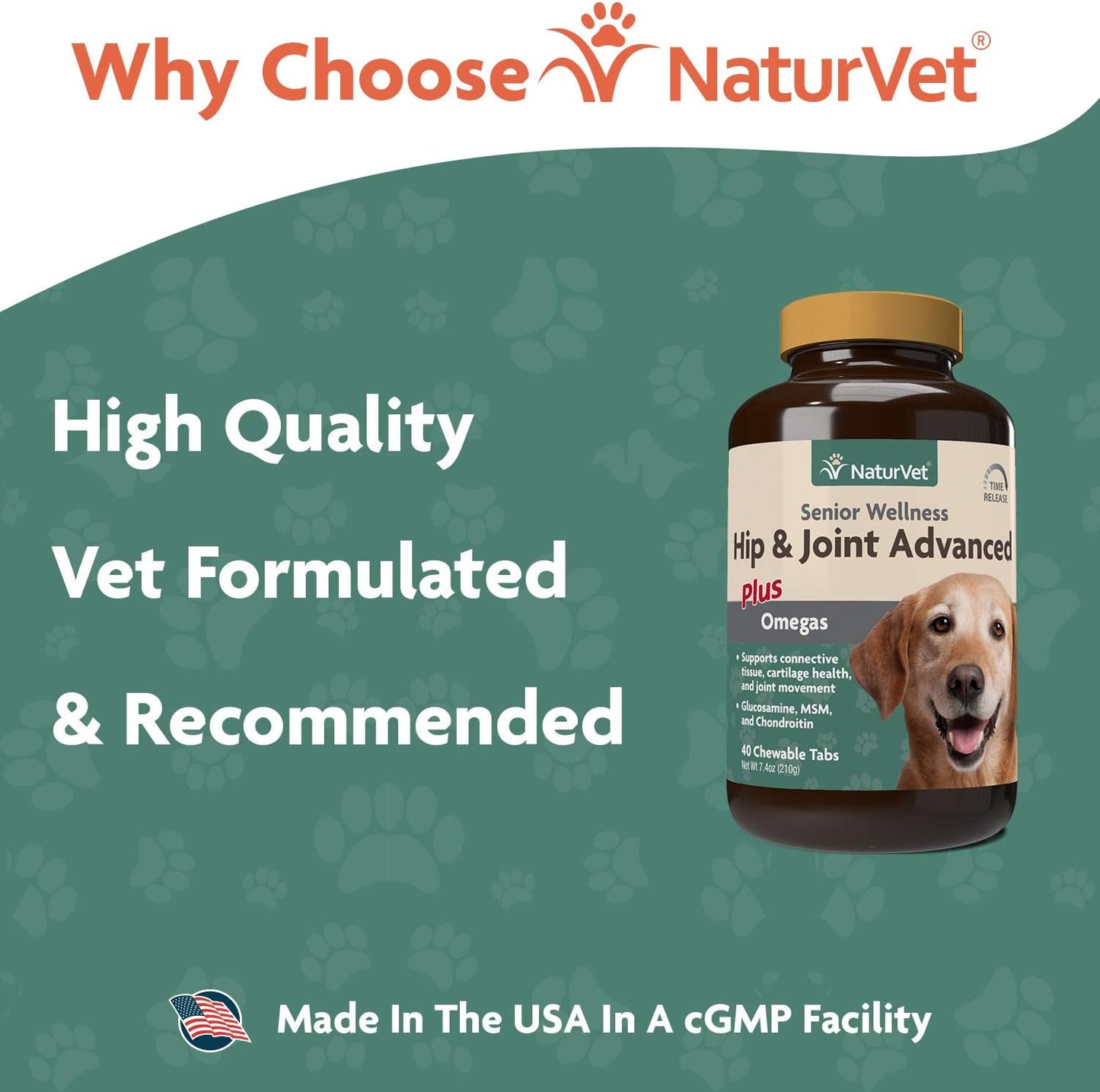 NaturVet Senior Wellness Hip and Joint Plus Omegas Advanced Supplement for Dogs, Chewable Tablets Time Release, Made in The USA, 40 Count
