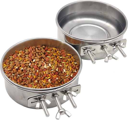 PINVNBY 2pcs Stainless Steel Bird Bowl Water Dish for Parrot, Parakeet, African Greys, Conure, Cockatiels, Lovebird, Budgie, Chinchilla（Three Screws Size: XL）