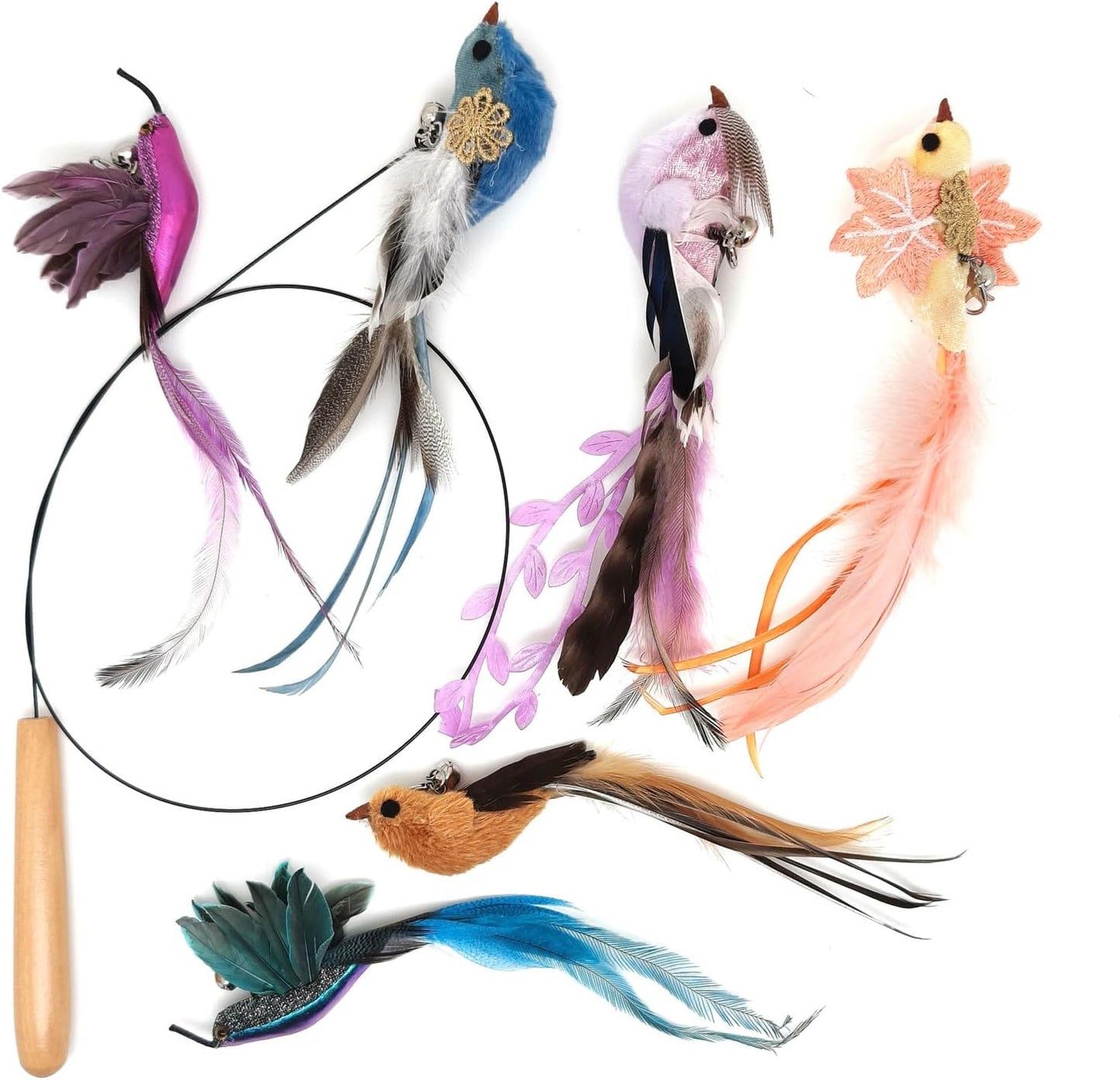 Interactive Cat Toys for Indoor Cats - 35'' Steel Wire and 6PCS Feather Bird Refills,Teaser Toy,Cat Wand Toy,Feathers & Bells, Realistic Bird Impression (7 PCS)