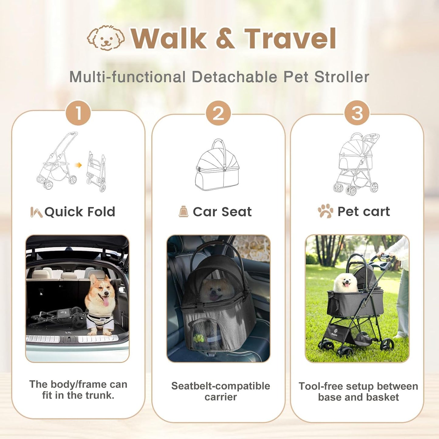 Pet Stroller, 4 Wheels Pet Strolling Cart for Medium/Small Dogs and Cats, Foldable Cat Jogger/Dog Stroller with Cup Holder, Storage Basket, Breathable Mesh, All-Season Pet Carrier (Dark Grey)