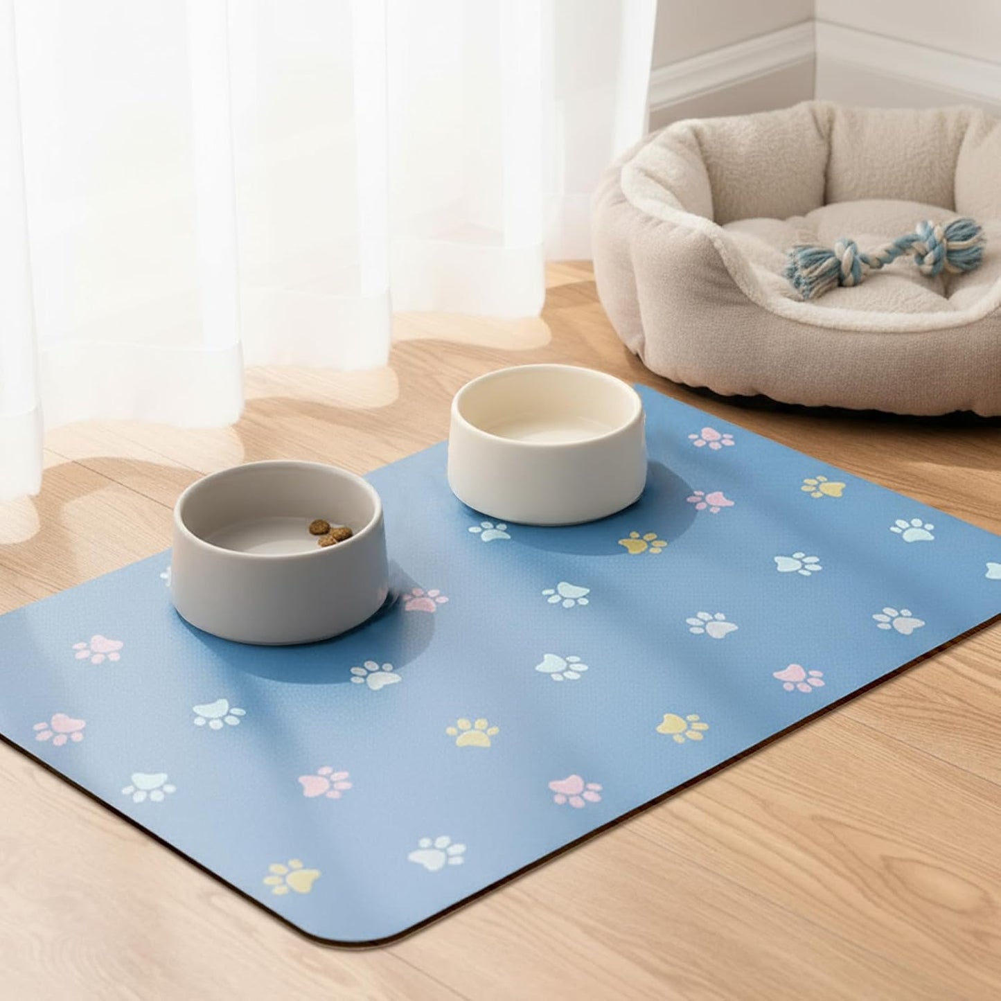 Pet Feeding Mat Absorbent Dog Mat for Food and Water Non Slip Quick Dry Dog Bowl Mats for Floors 27" X 17" Paw Lake Blue