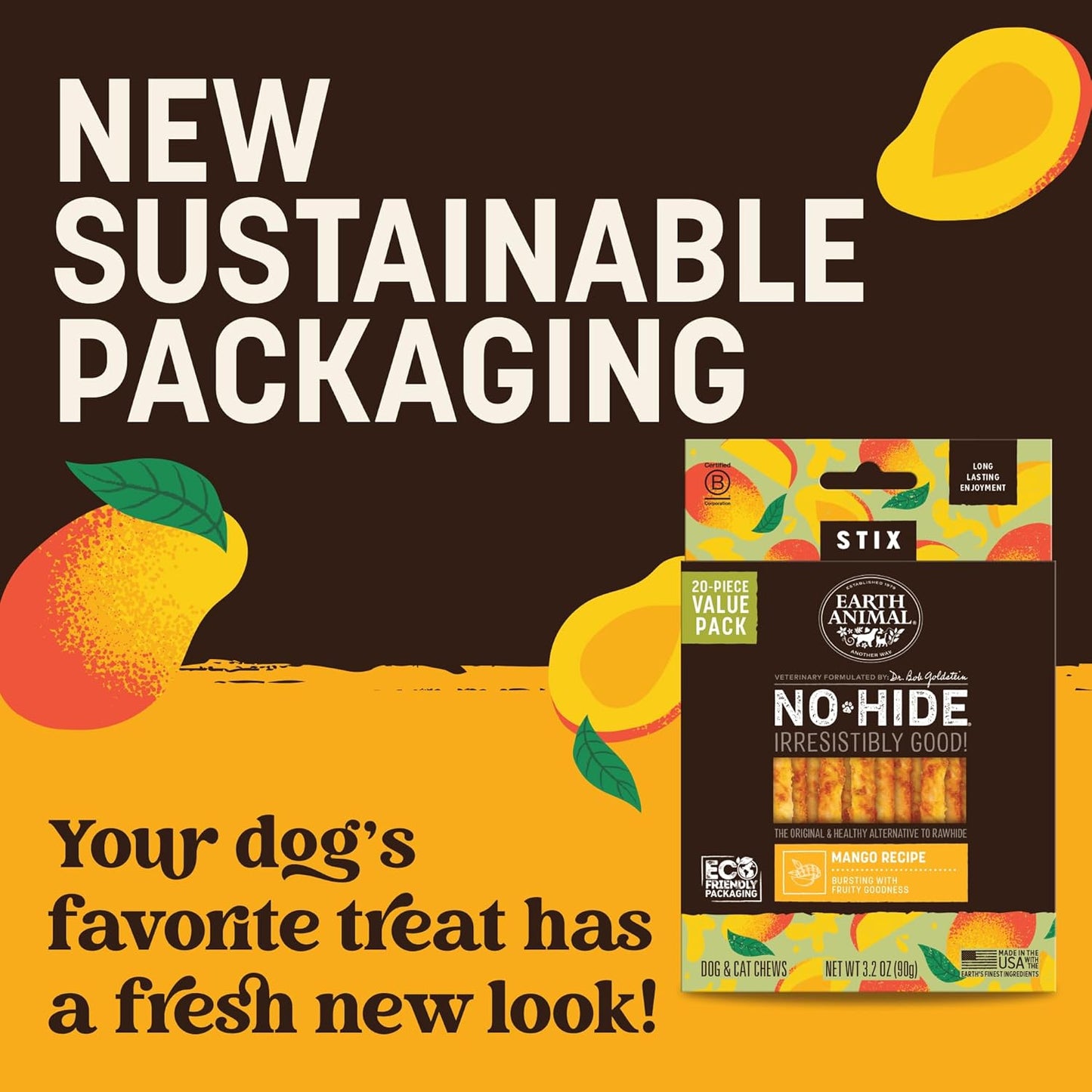 Earth Animal No-Hide Stix Mango Vegetarian Vegetarian Recipe Natural Rawhide Alternative Dog & Cat Chews - 20 Count Value Pack