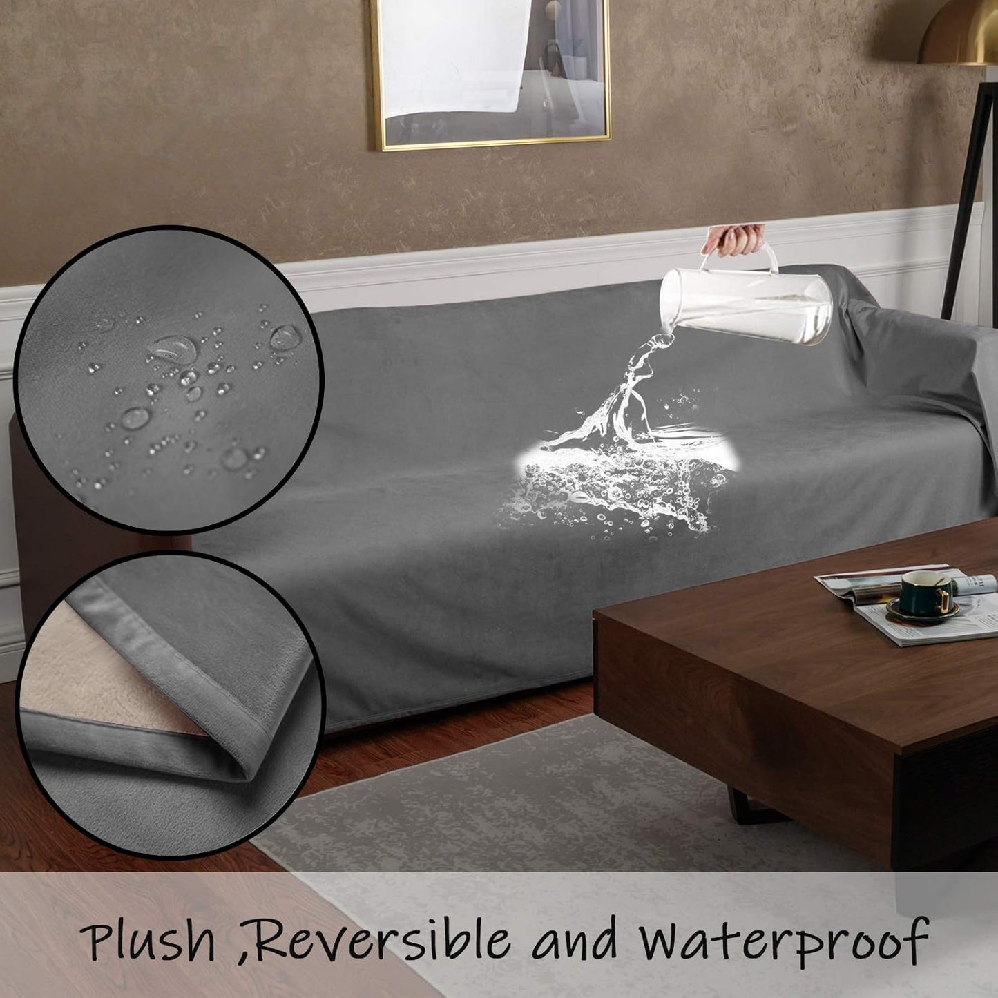 Ameritex Pet Bed Blanket Reversible 100% Waterproof Velvet Super Soft for Sofa and Bed (68x82 Inches, Light Grey+Beige)