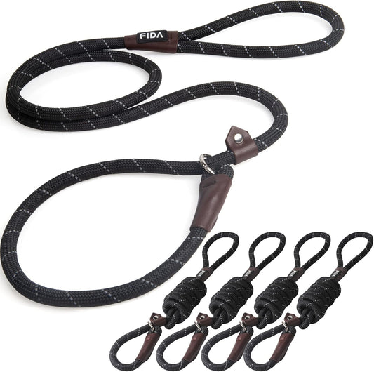 Fida Durable Slip Lead Dog Leash Bulk Pack of 5, Heavy Duty 1/2" x 6 FT Comfortable Strong Rope Slip Lead for Large, Medium & Small Dogs No Pulling Pet Training Leash with Highly Reflective (Black)