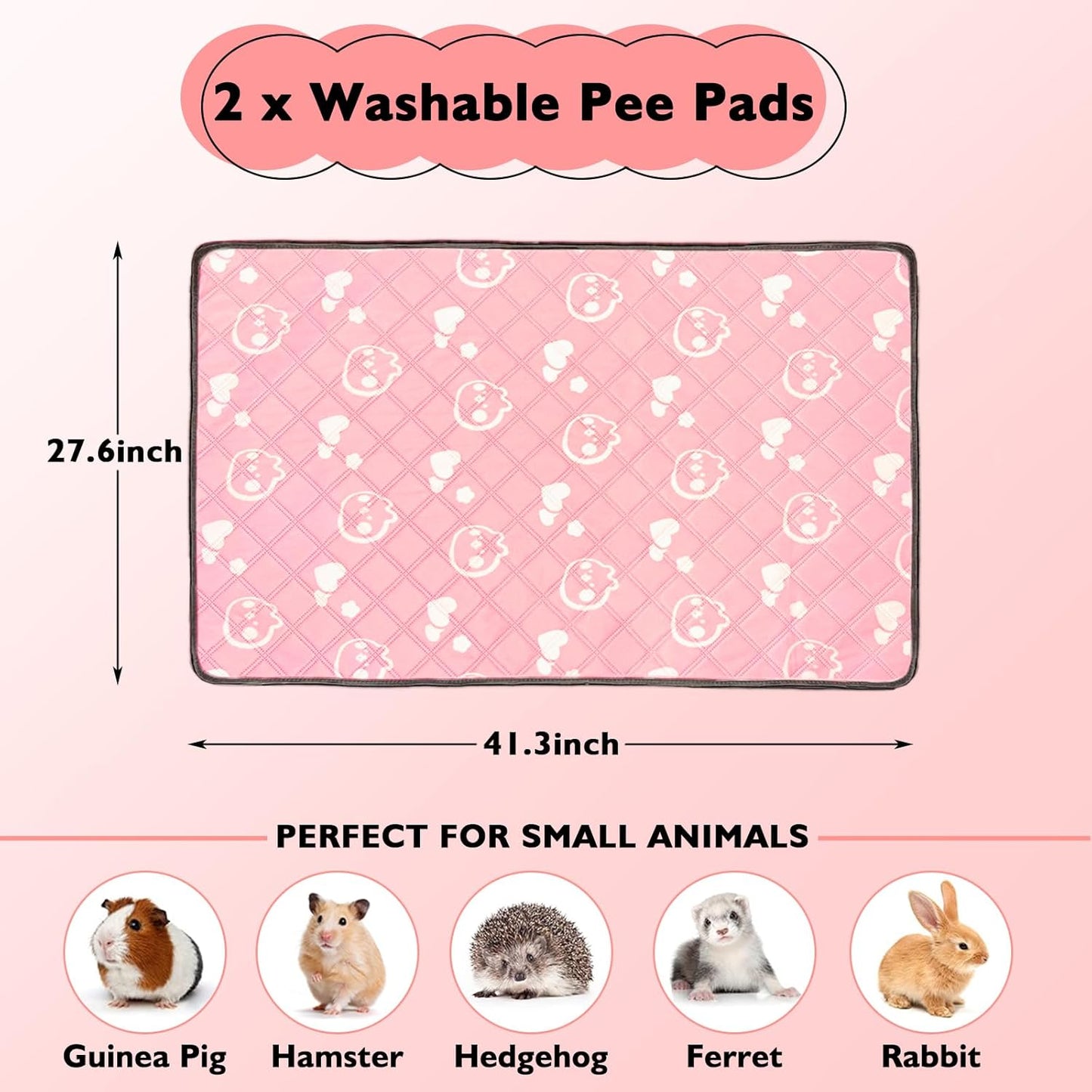 2 Pack Guinea Pig Bedding - Washable Guinea Pig Cage Liners, Waterproof Reusable & Anti Slip Pee Pads Super Absorbent Mats for Small Animals Pet Rabbit Bunny Hamster Rat (Pink, 42 x 28 Inch)