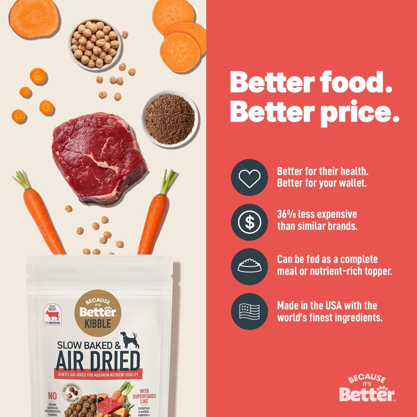 Because it's Better Slow Baked and Air Dried Dog Food, Real Beef and Veggies, 1lb Bag, Complete and Balanced Dry Dog Food, for All Life Stages